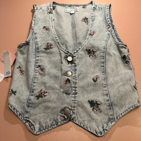 Stoosh Jackets & Blazers - NWT Stoosh Denim Vest with pink floral embroidery